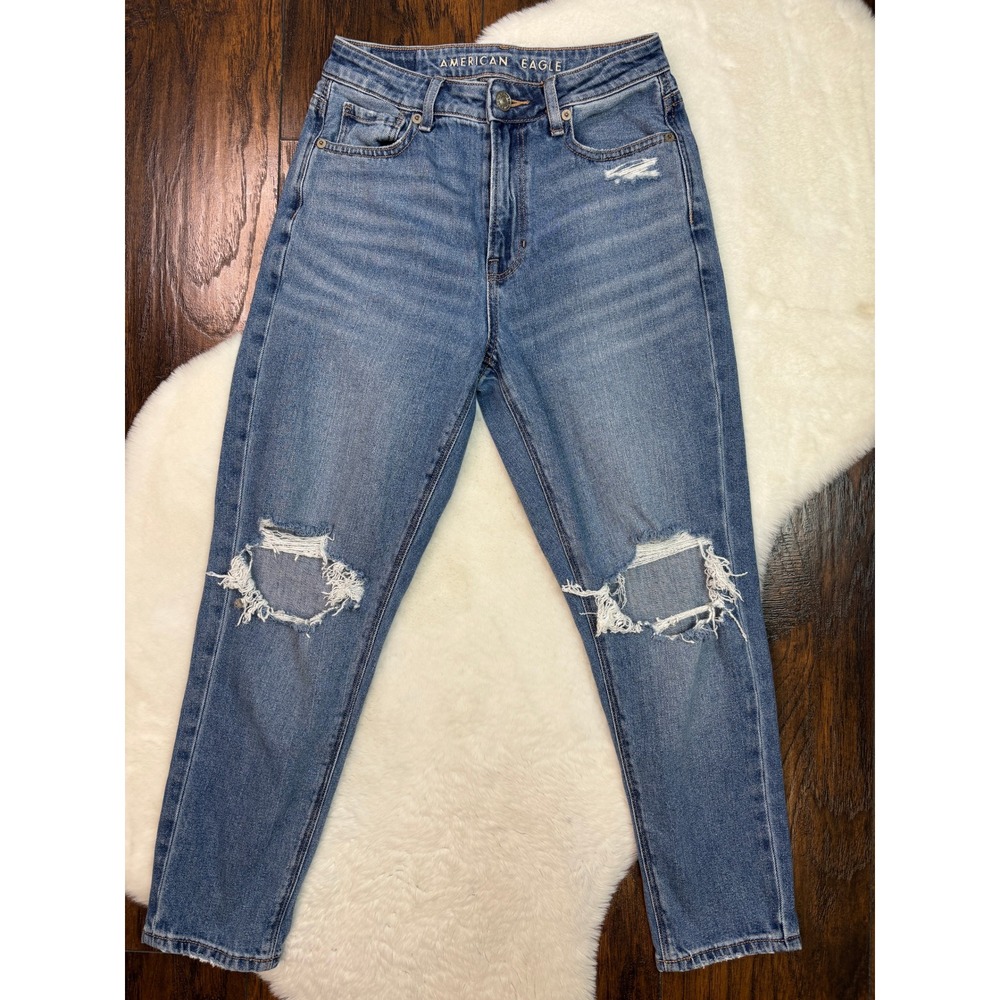 American Eagle Mom Jeans 0 X-Short Ripped Knees Distressed High Rise Womens